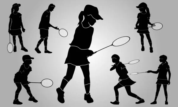 Badminton Giocatore Vettore Piatto Collezione Silhouette — Vettoriale Stock