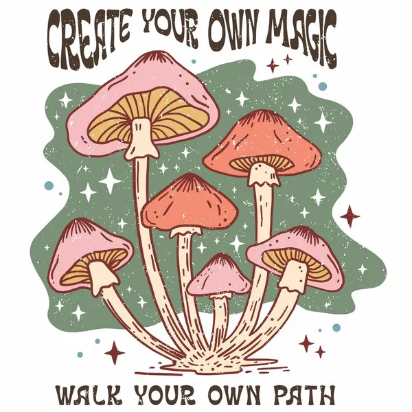 magic card with magic mushrooms, trees, stars and magic mushrooms. vector illustration.