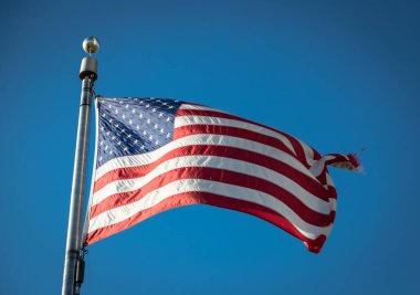 Rüzgardaki Amerikan bayrağı açık mavi gökyüzüne karşı.