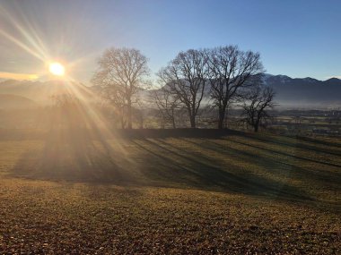 Avusturya dağlarında kış güneşi, arka ışık, mavi gökyüzü