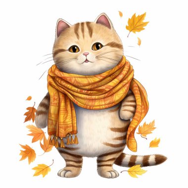 Eşarplı şirin kedi. Sonbahar yaprakları. suluboya çizimi beyaz arkaplanda izole edildi