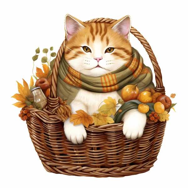 Kot Siedzi Wiklinowym Koszu Jesiennymi Liśćmi — Zdjęcie stockowe