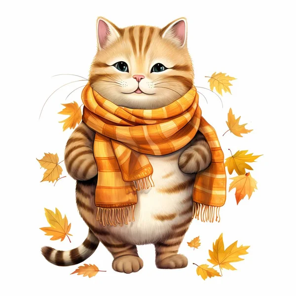 Милый Кот Теплой Одежде Шарфом Шарфом Шарфом Векторная Иллюстрация Осень — стоковое фото