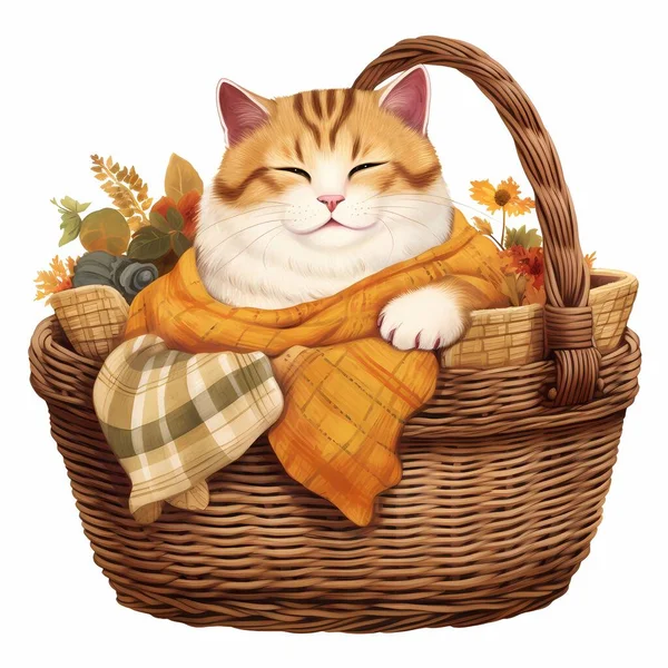 Милая Кошка Корзине Осенними Листьями — стоковое фото