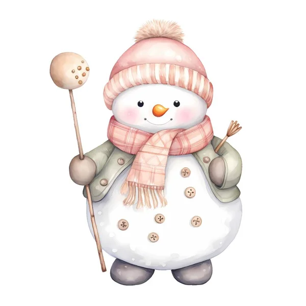 可爱的雪人与围巾和围巾 水彩画圣诞插图 — 图库照片