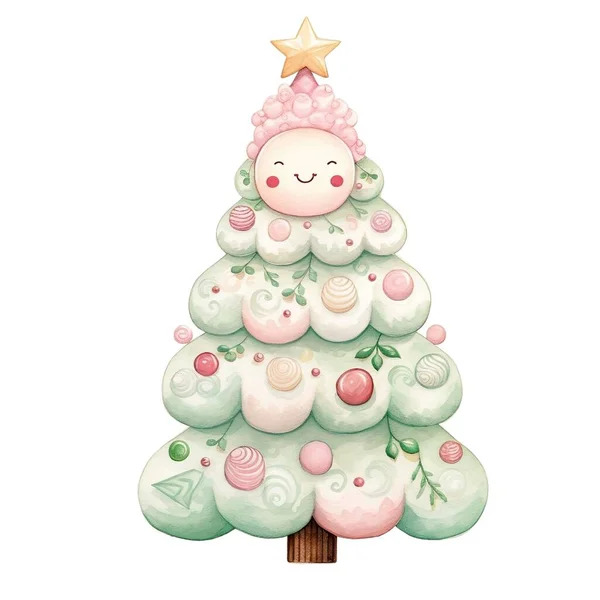 Albero Natale Con Carino Cartone Animato Acquerello Illustrazione — Foto Stock
