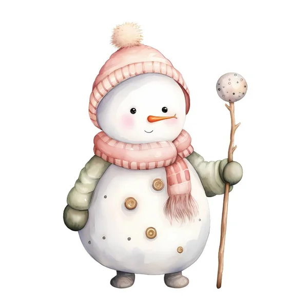 戴着围巾戴着帽子的可爱雪人 矢量卡通画 — 图库照片