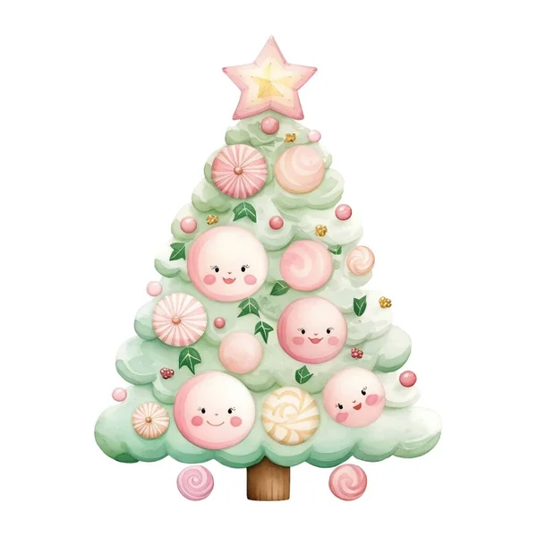 Kerstboom Met Leuke Cartoon Aquarel Illustratie — Stockfoto