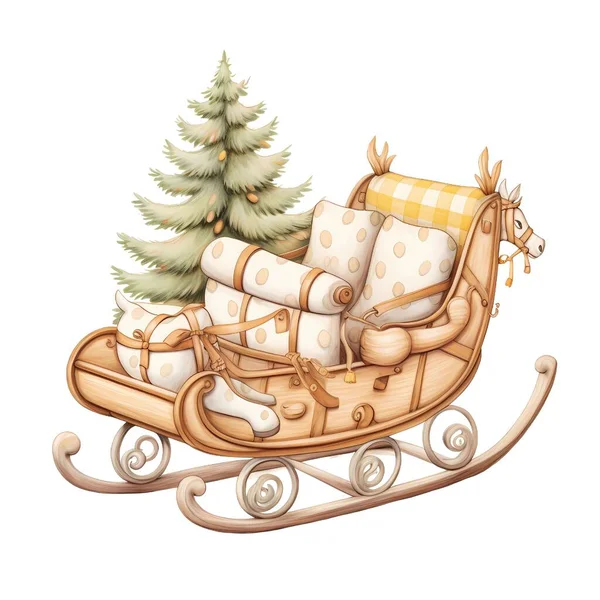 圣诞节的雪橇上有圣诞树和礼物 水彩画 — 图库照片