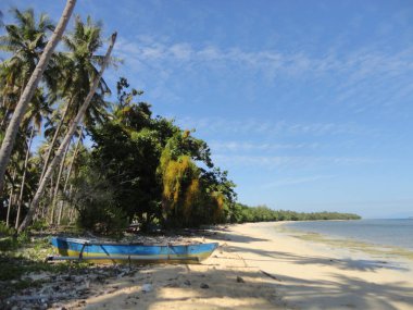 Kuzey Maluku, Endonezya 'da bulunan güzel Beyaz Kum Sahili. Mavi Gök, Okyanus ve Beyaz Kum Sahili 'nin Güzel Manzarası.