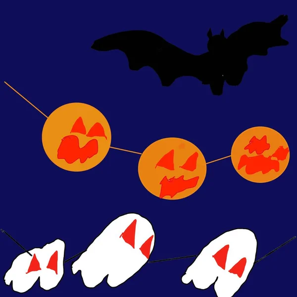 Иллюстрация Хеллоуин Детский Рисунок Призрака Тыквы Летучей Мыши Синем Фоне — стоковое фото