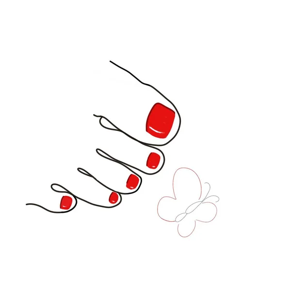 Desenho Simples Uma Perna Com Uma Manicura Vermelha Fundo Branco — Fotografia de Stock