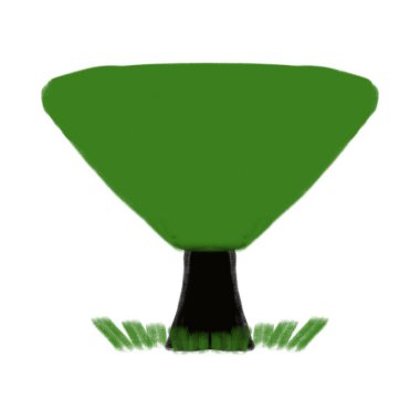 Beyaz zemin üzerinde yeşil taç olan basit bir ağaç çizimi. İmza, sembol, detay, element.