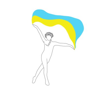 Ukrayna bayrağı taşıyan bir kızın silueti. Açık ruhlu, yaralı. Basit bir çizgi.