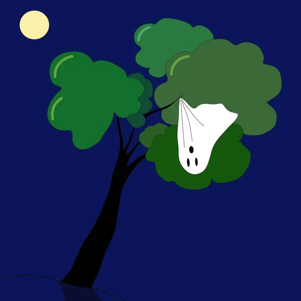 Ilustración Fantasma Aferrado Una Rama Árbol Diversión Halloween Dibujos Animados —  Fotos de Stock