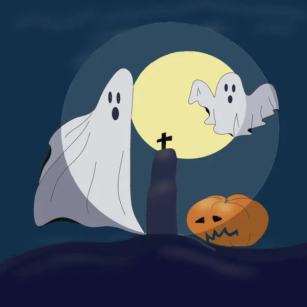 Ilustración Halloween Noche Fantasmas Calabaza Cruz —  Fotos de Stock