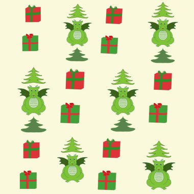 Noel baskısı, dekor, tekstil, ejderha ve hediyeler