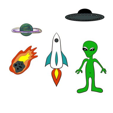 çizgi film, vektör, illüstrasyon, su, deniz, set, roket, komik, sevimli, eğlence, oyuncak, uzaylı, uzay, gemi, doğa, ikon, gökyüzü, sembol, UFO, uzaylı, evren, tekstil, dekor, çocuklar için tekstil, set