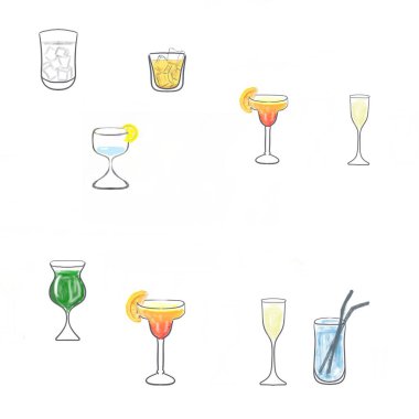 Cam, kokteyl, içki, şarap, alkol, bar, ikon, vektör, set, bira, martini, şampanya, bardak, siluet, içecekler, şarap bardağı, illüstrasyon, parti, restoran, koleksiyon, sembol, içecek, boş, ikonlar, su, dekor, dekorasyon, bardak seti 