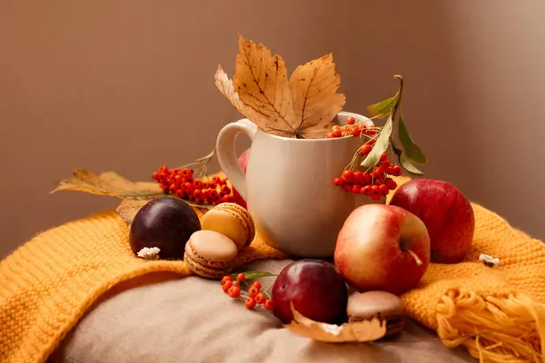 Tasse Heißen Tee Mit Makronen Äpfeln Und Pflaumen Und Herbstblättern — Stockfoto