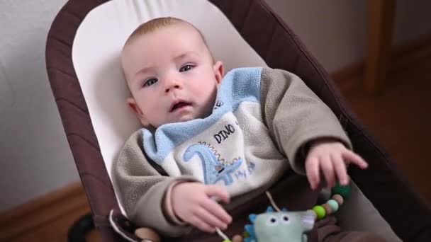 Portrait Baby Infant Lying Bouncer Playing Toys — Stock Video