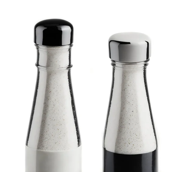 Glass Bottles Sea Salt White Background — Stock Photo, Image