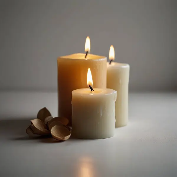 Three lit candles in a tranquil setting with scattered petals, evoking a peaceful atmosphere