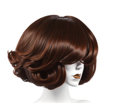 Stylish bob haircut wig with voluminous curls displayed on a white background clipart
