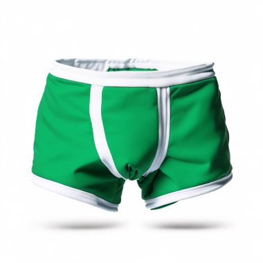 Pair of vibrant green swim shorts with a white band, presented on a clean white background clipart