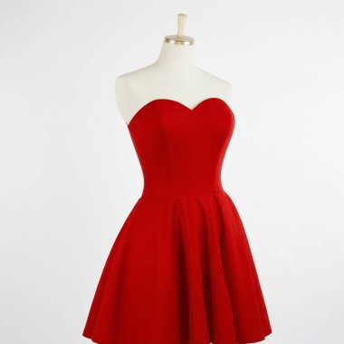 Elegant red strapless cocktail dress displayed on a mannequin with a white background