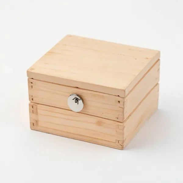 stock image Simplistic pine wooden box with a small silver knob on a clean white backdrop