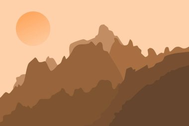 Düz dizaynlı gün batımı manzaralı kayalık bir dağ tasviri