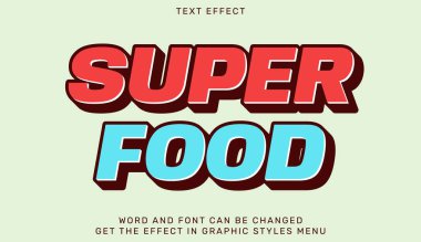 Açık arkaplanda kırmızı ve mavi tipografi ile kalın süper yiyecek metin efekti