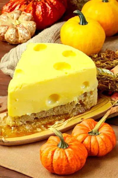 Pumpkin cheesecake with cheese and pumpkins on wooden table. Piece of cheese cake and pumpkins on a wooden background.
