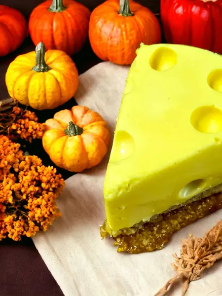 Pumpkin cheesecake with cheese and pumpkins on wooden table. Piece of cheese cake and pumpkins on a wooden background.