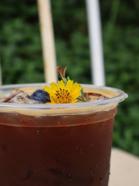 Iced black coffee with blueberries and wildflowers in a plastic cup on nature background, Thailand