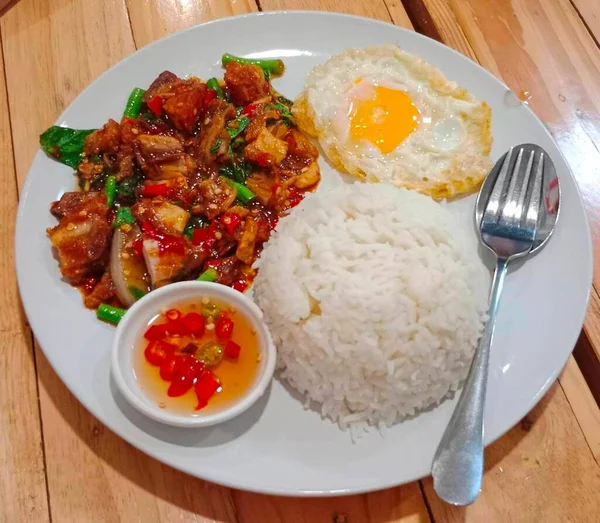 Pan Fried Crispy Pork Belly Thai Basil Rice — Stock Photo, Image