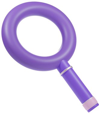Beyaz üzerine izole edilmiş 3 boyutlu mor büyüteç simgesi