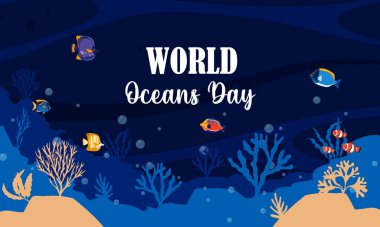 Dünya okyanusları gündüz vektör illüstrasyonu. Kart, pankart veya poster için uygundur.