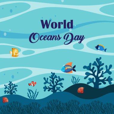 Dünya okyanusları gündüz vektör illüstrasyonu. Kart, pankart veya poster için uygundur.