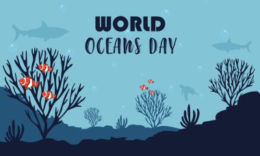 Dünya okyanusları gündüz vektör illüstrasyonu. Kart, pankart veya poster için uygundur.