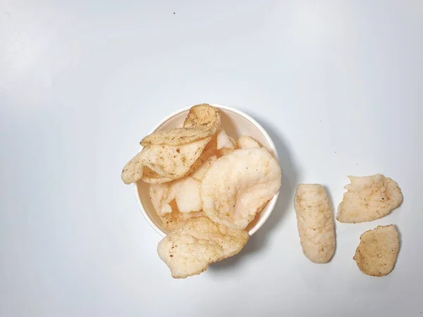 Fried Crackers Kerupuk Bowl Isolated White Background — Stock Photo, Image