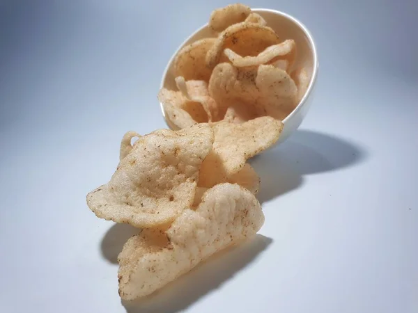 Fried Crackers Kerupuk Bowl Isolated White Background — Stock Photo, Image