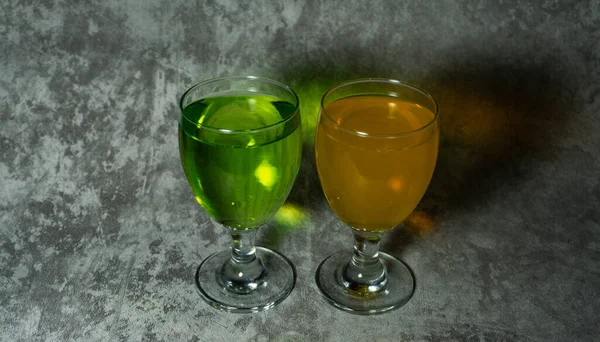Orange Syrup Melon Syrup Glass Cups Syrup Green Orange Color — Stock Photo, Image