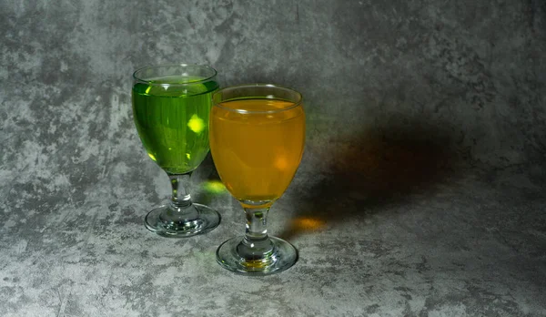 Orange Syrup Melon Syrup Glass Cups Syrup Green Orange Color — Stock Photo, Image
