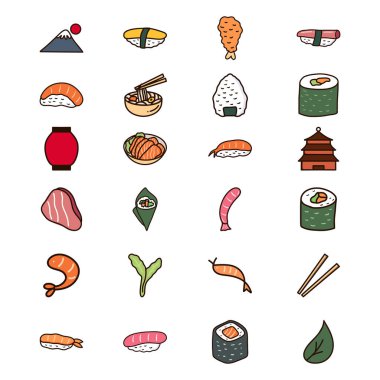 Japon Gıda Simgeleri Seti - Minimalist ve Renkli Çizim Biçimi
