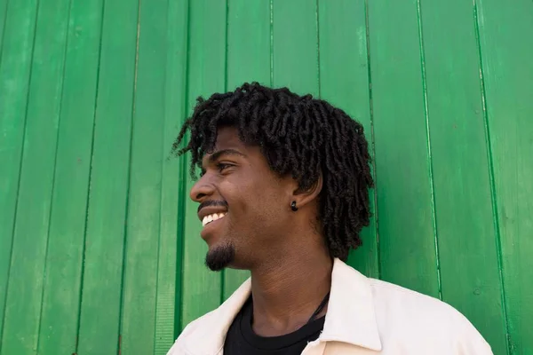 Boczny Portret Młodego Afro Chłopca Kręconymi Włosami Uśmiechniętymi — Zdjęcie stockowe