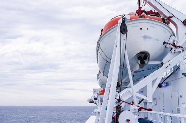 Büyük bir geminin tepesindeki bir acil durum teknesinin fotoğrafı. Boşluğu sol tarafa kopyala