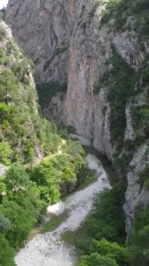 Kanyon Kapikaya Kanyonu 'ndan kalkan İHA dikey dik uçurumlar arasında dar bir vadi kalesi. Peri masalı doğal manzara hindi.dikey video arka planı. 4k görüntü.