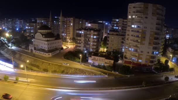 Evening Time Lapse Traffic Driving Central Mersin Turkey Mosque Night — стоковое видео